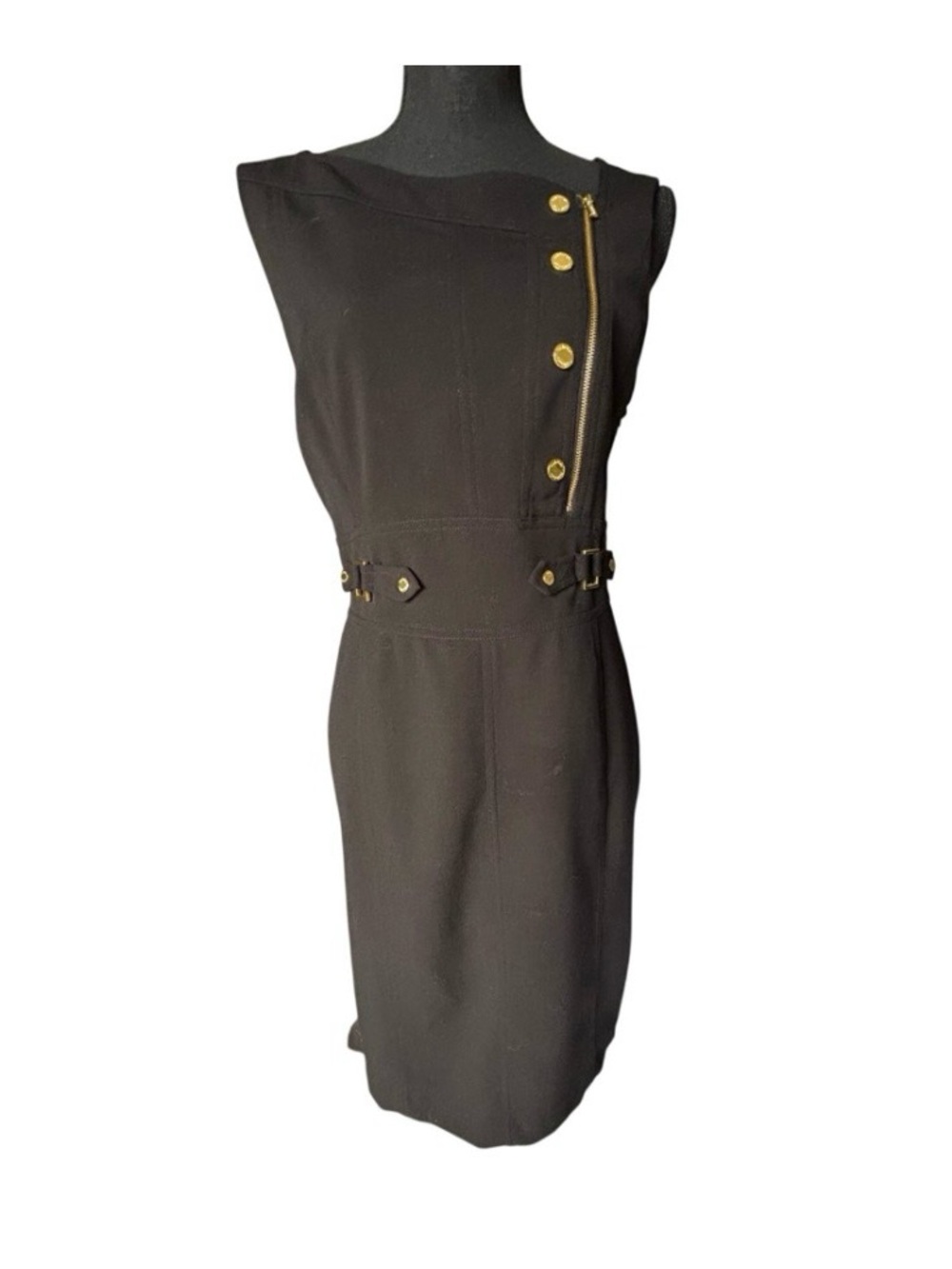 🌟CALVIN KLEIN Military Style Gold Hardware Dress w Asymmetrical Neckline